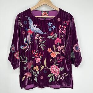 Johnny Was Nikkola Velvet Blousee Embroidered Floral Bird Boho Flowy Top Purple